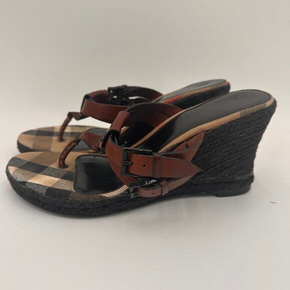 Burberry Leather Brown Wedge Espadrille Thong Heels Sandals Size 39 / 9 - Picture 7 of 10